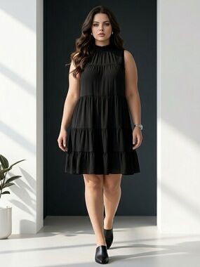 Pinch Black Tiered Sleeveless Mock Neck Midi Dress Size Large